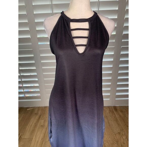Casual Blue Gray Ombre Slip Dress L Halter Stretch Lounge Pockets - Picture 8 of 11